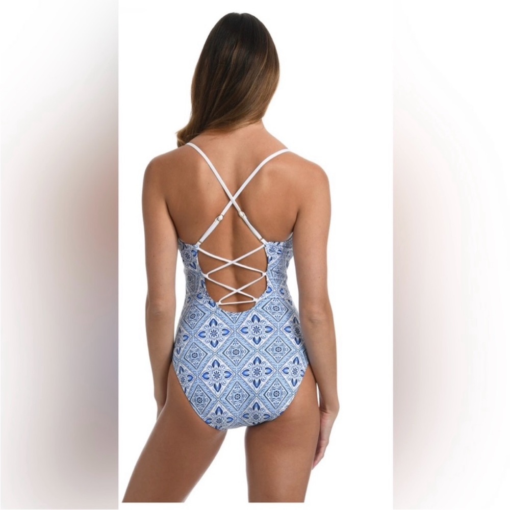 La Blanca Strappy One Piece Swimsuit SZ 10 Capri Blue Mediterranean Breeze - Picture 3 of 16